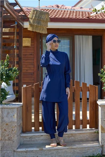 Diana Büzgülü Lacivert Tasarım Tesettür Mayo Takım