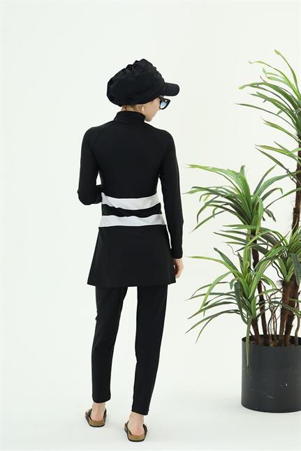 GOLF BEYAZ ŞERİTLİ SİYAH TASARIM TESETTÜR İKİLİ MAYO TAKIM