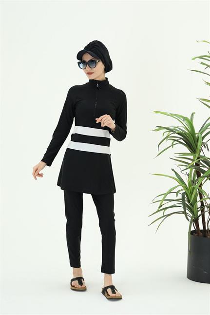 GOLF BEYAZ ŞERİTLİ SİYAH TASARIM TESETTÜR İKİLİ MAYO TAKIM