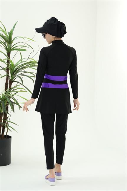 GOLF MOR ŞERİTLİ SİYAH TASARIM TESETTÜR İKİLİ MAYO TAKIM