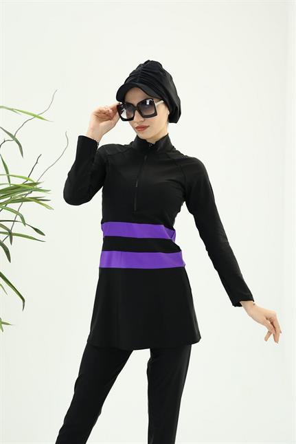 GOLF MOR ŞERİTLİ SİYAH TASARIM TESETTÜR İKİLİ MAYO TAKIM