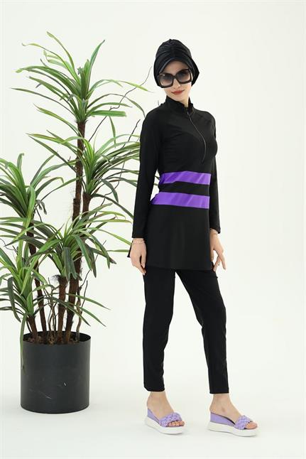 GOLF MOR ŞERİTLİ SİYAH TASARIM TESETTÜR İKİLİ MAYO TAKIM