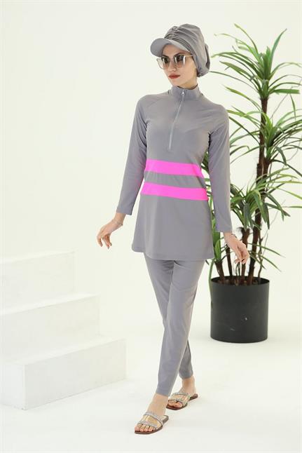 GOLF PEMBE ŞERİTLİ GRİ TASARIM TESETTÜR İKİLİ MAYO TAKIM