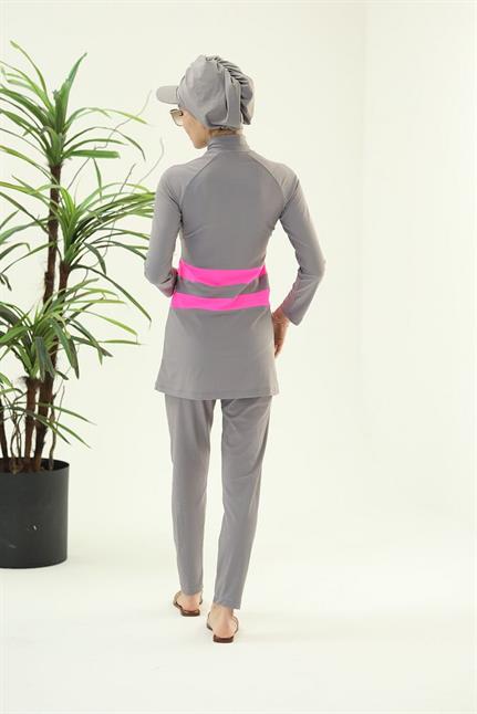 GOLF PEMBE ŞERİTLİ GRİ TASARIM TESETTÜR İKİLİ MAYO TAKIM