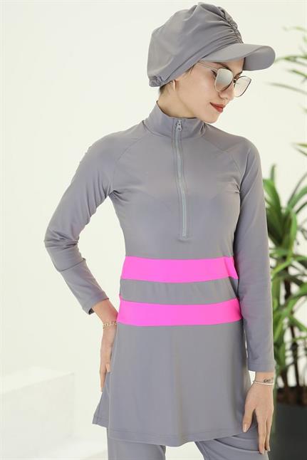 GOLF PEMBE ŞERİTLİ GRİ TASARIM TESETTÜR İKİLİ MAYO TAKIM