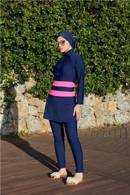 GOLF PEMBE ŞERİTLİ LACİVERT TASARIM TESETTÜR İKİLİ MAYO TAKIM