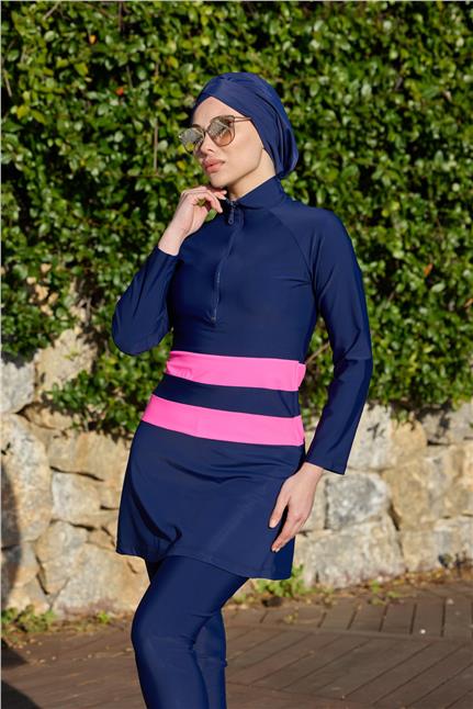 GOLF PEMBE ŞERİTLİ LACİVERT TASARIM TESETTÜR İKİLİ MAYO TAKIM