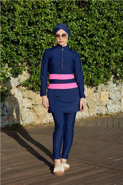 GOLF PEMBE ŞERİTLİ LACİVERT TASARIM TESETTÜR İKİLİ MAYO TAKIM