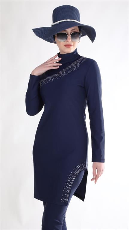 Gümüş Taşlı Lacivert Tasarım Tesettür Mayo Takım