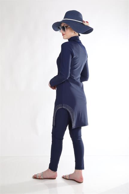 Gümüş Taşlı Lacivert Tasarım Tesettür Mayo Takım