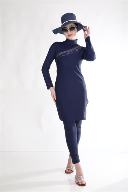 Gümüş Taşlı Lacivert Tasarım Tesettür Mayo Takım