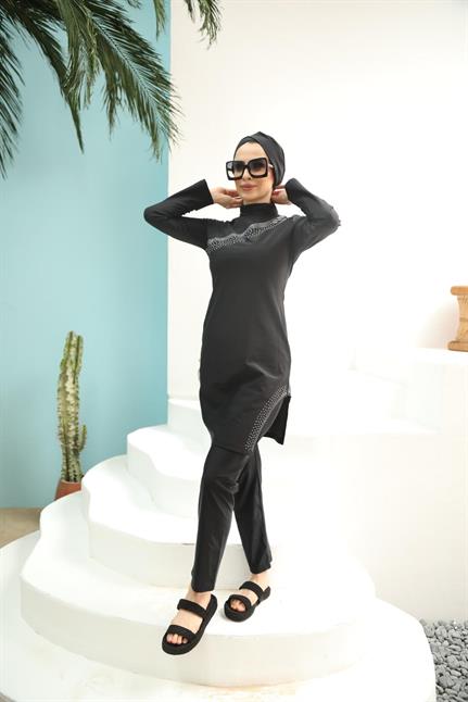 Gümüş Taşlı Siyah Tasarım Tesettür Mayo Takım