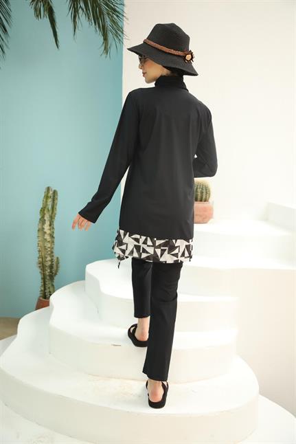 Julia Etek Ucu Geometrik Desenli Tasarım Tesettür Mayo Takım