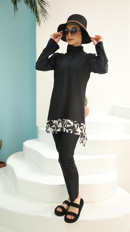 Julia Etek Ucu Geometrik Desenli Tasarım Tesettür Mayo Takım