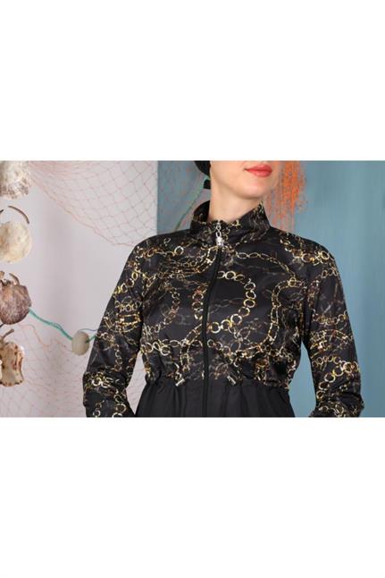 Helena Siyah Zincir Desenli Tasarım Tesettür Mayo Takım