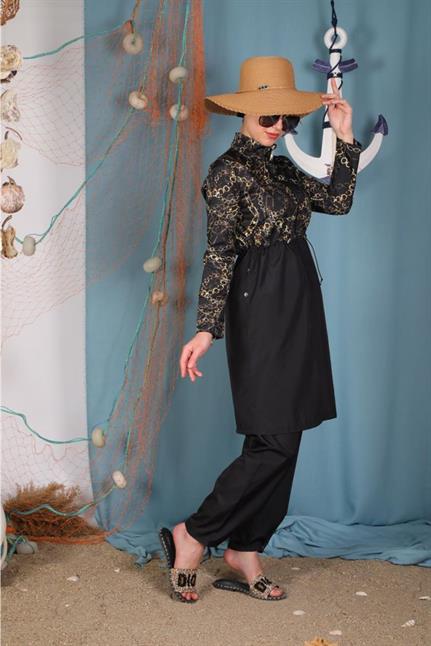 Helena Siyah Zincir Desenli Tasarım Tesettür Mayo Takım