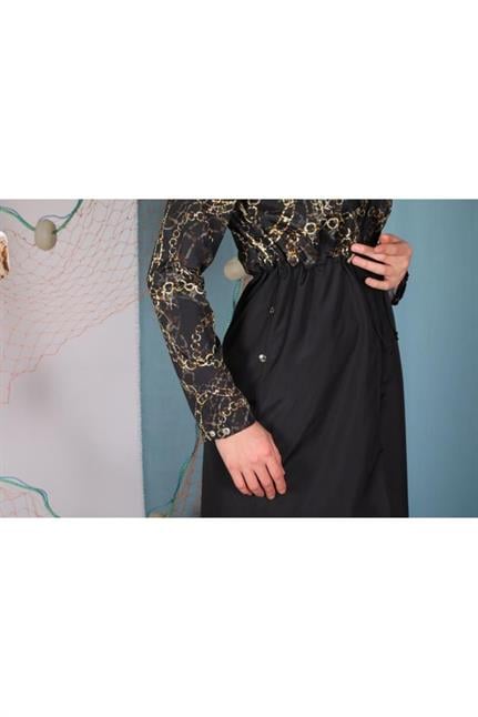 Helena Siyah Zincir Desenli Tasarım Tesettür Mayo Takım