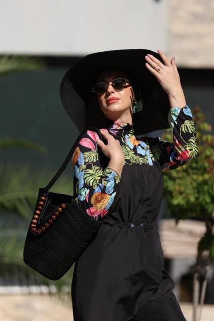 Kahverengi Boncuk Detaylı Siyah Hasır Plaj Çantası