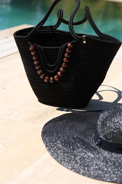 Kahverengi Boncuk Detaylı Siyah Hasır Plaj Çantası