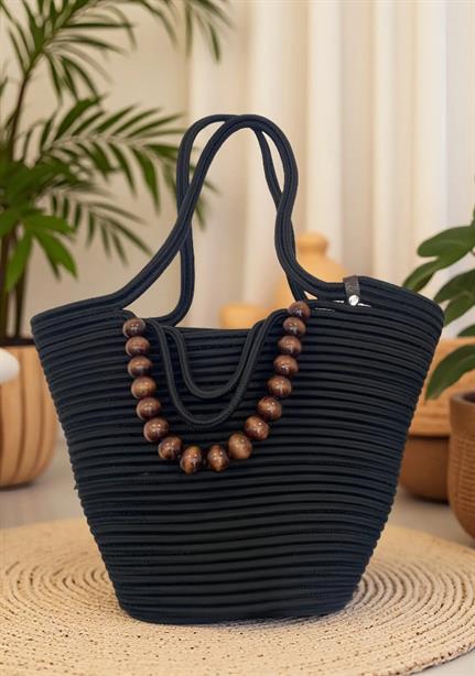 Kahverengi Boncuk Detaylı Siyah Hasır Plaj Çantası