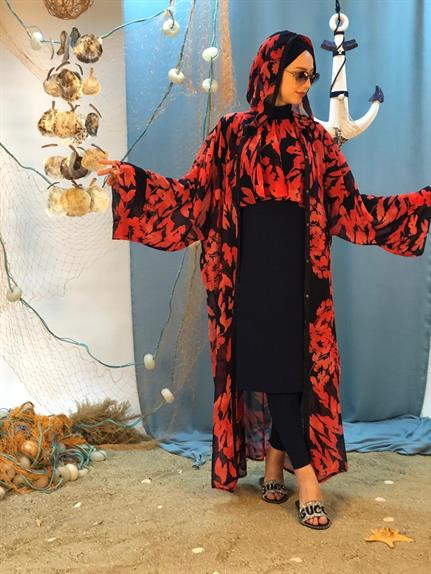 Kırmızı Desenli Kapşonlu Tasarım Tesettür Pareo