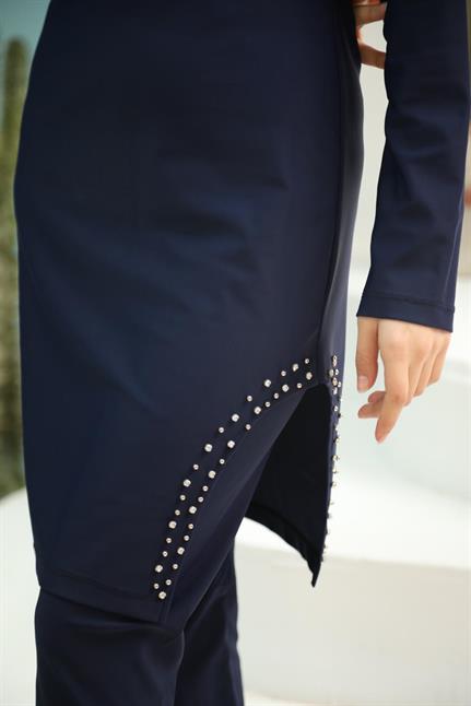 Lacivert Çakım Taşlı Tasarım Testtür Mayo Takım