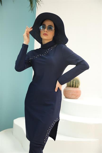 Lacivert Çakım Taşlı Tasarım Testtür Mayo Takım