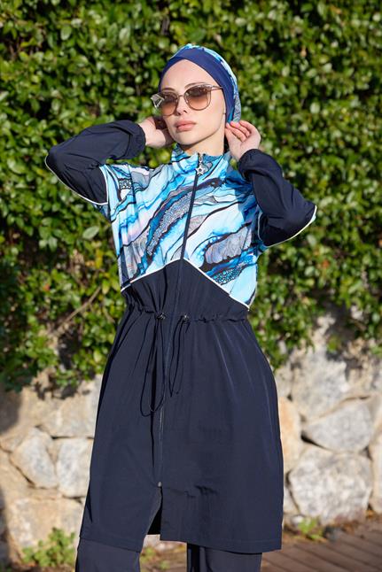 Lena Model Mavi Kelebek Desen Tasarım Tesettür Mayo Takım | NS Tasarim