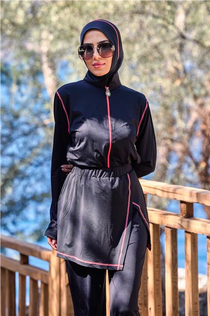 Deren Model Lycralı Modüler Etekli Pudra Şeritli Tasarım Tesettür Tulum Mayo