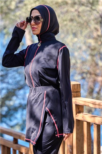 Deren Model Lycralı Modüler Etekli Pudra Şeritli Tasarım Tesettür Tulum Mayo