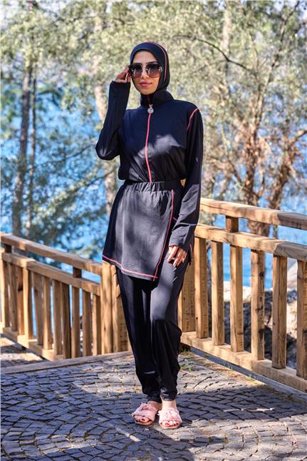 Deren Model Lycralı Modüler Etekli Pudra Şeritli Tasarım Tesettür Tulum Mayo