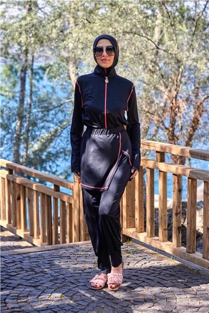 Lycralı Modüler Etekli Pudra Şeritli Tasarım Tesettür Tulum Mayo | Markasız