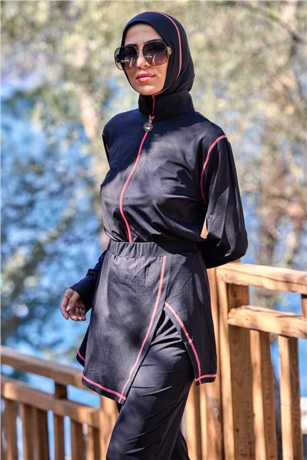 Deren Model Lycralı Modüler Etekli Pudra Şeritli Tasarım Tesettür Tulum Mayo