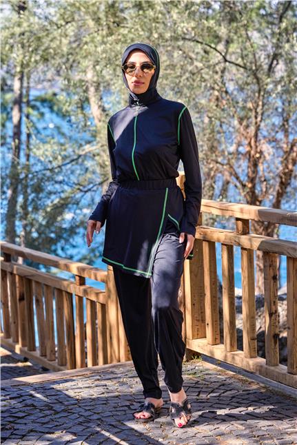 Deren Model Lycralı Modüler Etekli Fosfor Sarı Şeritli Tasarım Tesettür Tulum Mayo