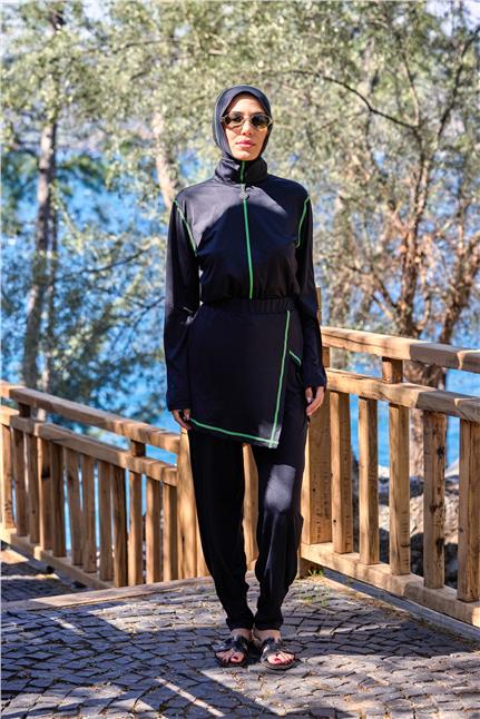 Deren Model Lycralı Modüler Etekli Fosfor Sarı Şeritli Tasarım Tesettür Tulum Mayo