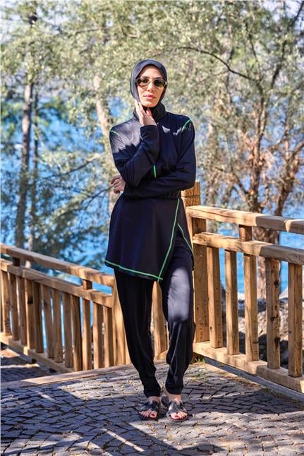 Deren Model Lycralı Modüler Etekli Fosfor Sarı Şeritli Tasarım Tesettür Tulum Mayo