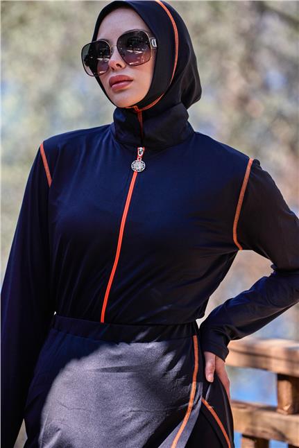 Deren Model Lycralı Modüler Etekli Turuncu Şeritli Tasarım Tesettür Tulum Mayo