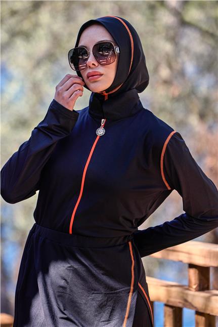 Deren Model Lycralı Modüler Etekli Turuncu Şeritli Tasarım Tesettür Tulum Mayo