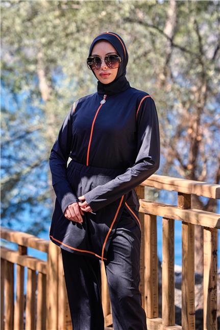 Deren Model Lycralı Modüler Etekli Turuncu Şeritli Tasarım Tesettür Tulum Mayo