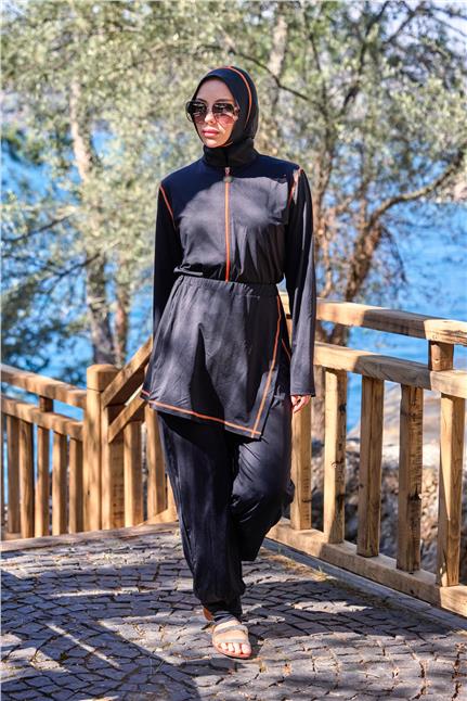 Deren Model Lycralı Modüler Etekli Turuncu Şeritli Tasarım Tesettür Tulum Mayo