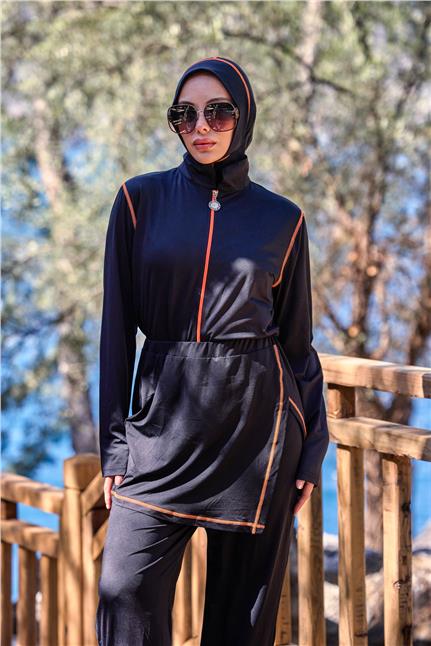 Deren Model Lycralı Modüler Etekli Turuncu Şeritli Tasarım Tesettür Tulum Mayo