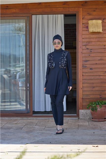 NALAN ŞİFON DETAYLI PUANTİYE DESEN TASARIM TESETTÜR İKİLİ MAYO TAKIMI