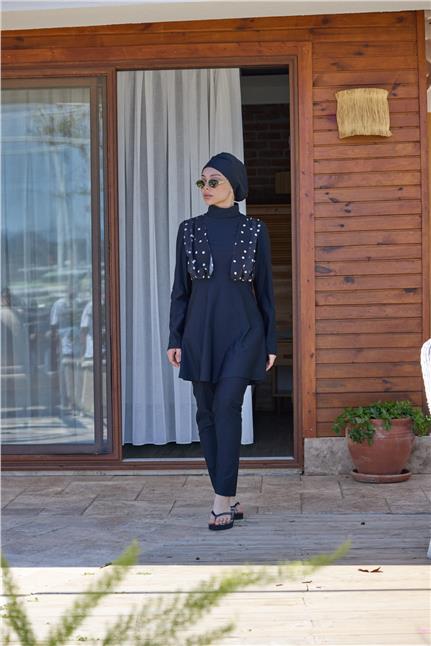 NALAN ŞİFON DETAYLI PUANTİYE DESEN TASARIM TESETTÜR İKİLİ MAYO TAKIMI