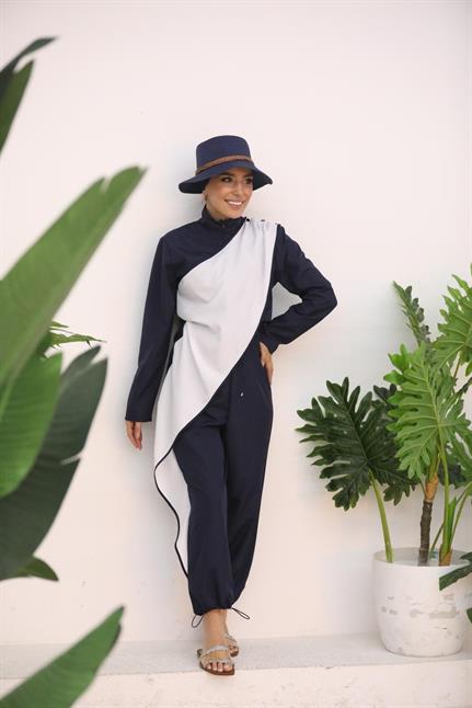 Ocean Beyaz Şeritli  Lacivert Tasarım Tesettür Tulum Mayo