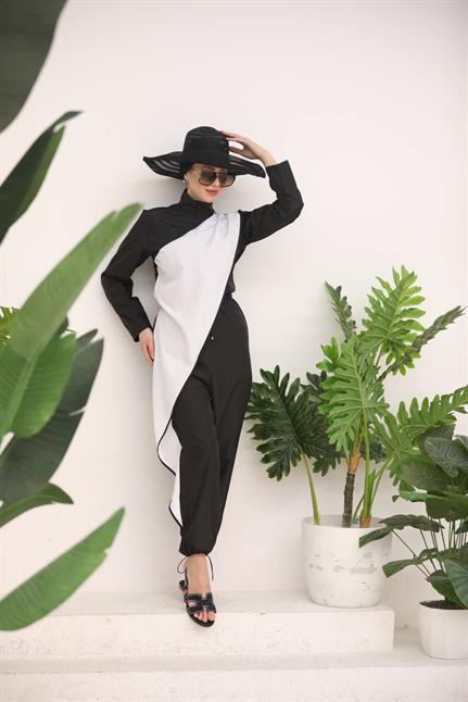 Ocean Beyaz Şeritli Tasarım Tesettür Tulum Mayo