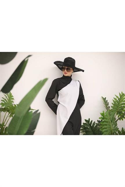 Ocean Beyaz Şeritli Tasarım Tesettür Tulum Mayo