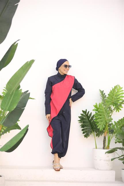 Ocean Fuşya Şeritli Lacivert Tasarım Tesettür Tulum Mayo