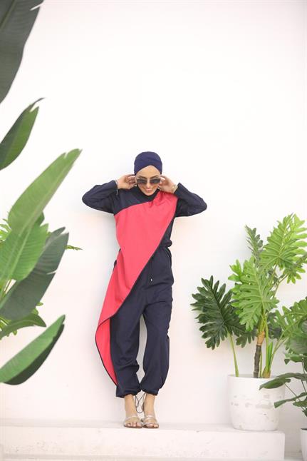 Ocean Fuşya Şeritli Lacivert Tasarım Tesettür Tulum Mayo