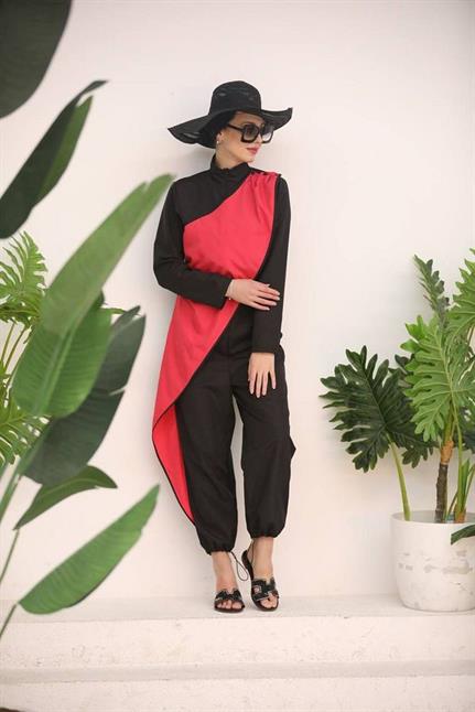 Ocean Fuşya Şeritli Tasarım Tesettür Tulum Mayo