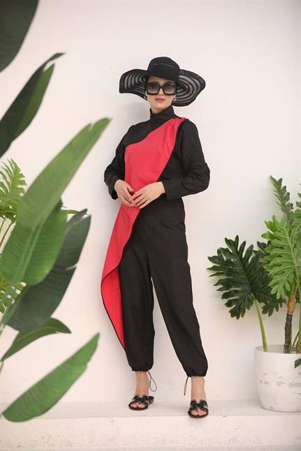 Ocean Fuşya Şeritli Tasarım Tesettür Tulum Mayo